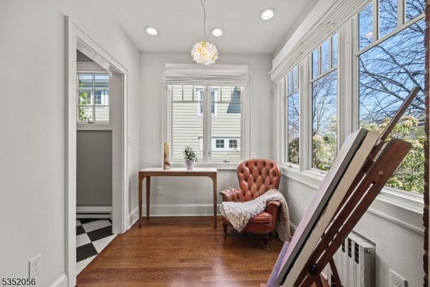 Chandelier, Home Office, Interior, Recessed Lighting, Wood Texture Flooring