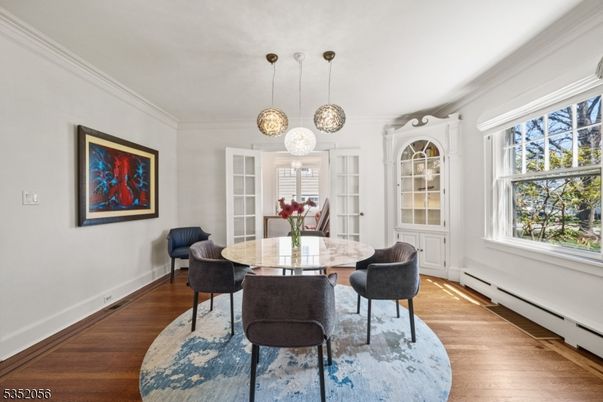 Dining room, Interior, Pendant Lights, Wood Texture Flooring