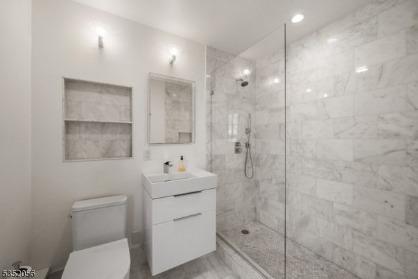 Bathroom, Glass Shower, Interior, Marble Walls, Recessed Lighting