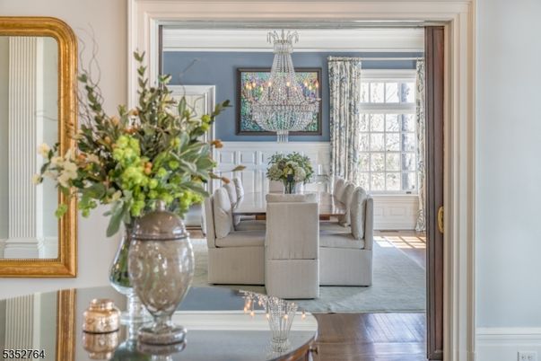 Chandelier, Dining room, Interior, Wood Texture Flooring