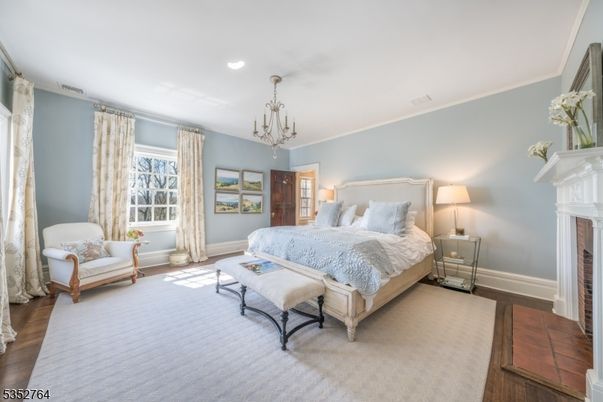 Bedroom, Chandelier, Interior, Recessed Lighting, Wood Texture Flooring