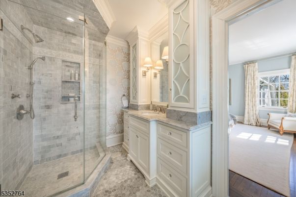 Bathroom, Glass Shower, Interior, Recessed Lighting, Wood Texture Flooring