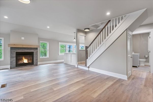 Empty room, Fireplace, Interior, Recessed Lighting, Wood Texture Flooring