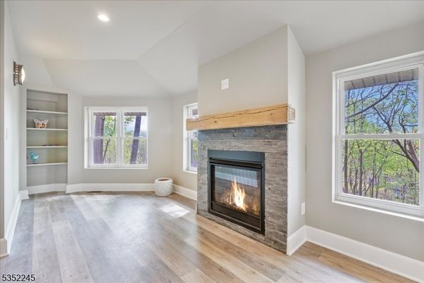 Empty room, Fireplace, Interior, Recessed Lighting, Wood Texture Flooring