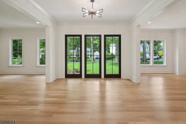 Empty room, Interior, Pendant Lights, Recessed Lighting, Wood Texture Flooring