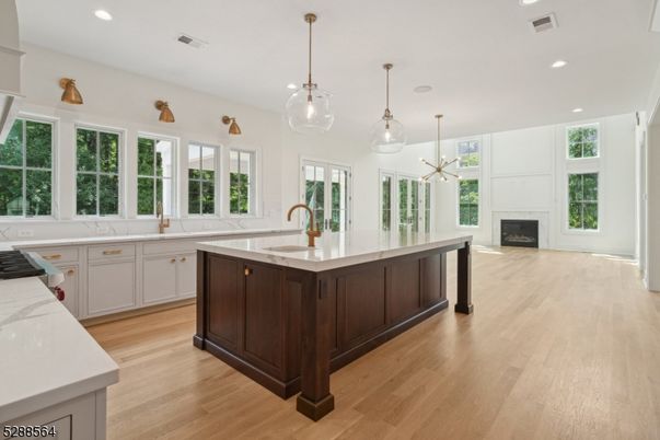 Fireplace, Interior, Kitchen, Pendant Lights, Recessed Lighting, Wood Texture Flooring