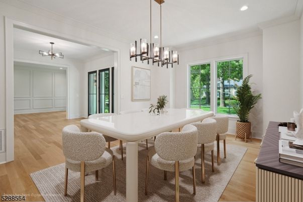 Dining room, Interior, Pendant Lights, Recessed Lighting, Wood Texture Flooring
