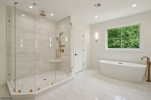 Bathroom, Free Standing Baths, Glass Shower, Interior, Marble, Recessed Lighting
