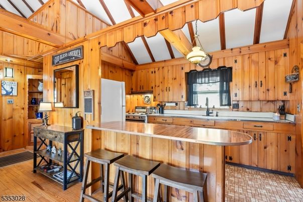 Interior, Kitchen, Pendant Lights, Wooden Beams, Wood Texture Flooring, Wooden Walls