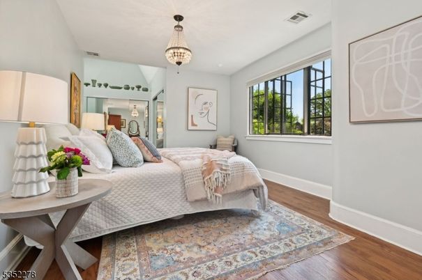 Bedroom, Chandelier, Interior, Wood Texture Flooring