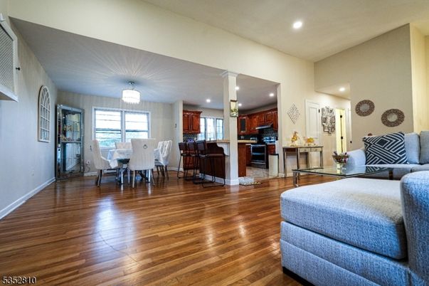 Chandelier, Dining room, Interior, Kitchen, Recessed Lighting, Wood Texture Flooring