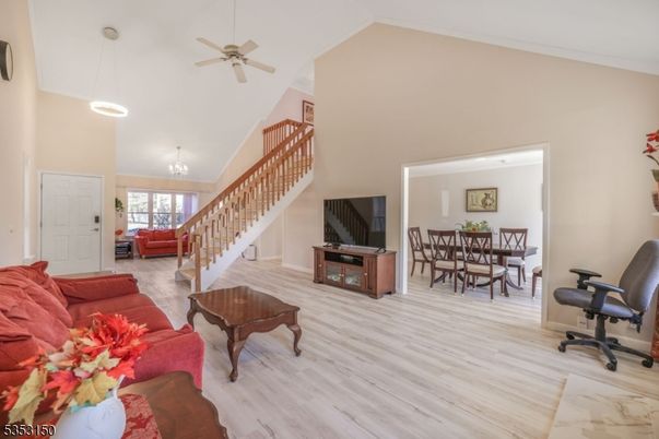 Chandelier, Dining room, Interior, Living room, Recessed Lighting, Wood Texture Flooring