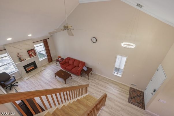 Fireplace, Interior, Living room, Pendant Lights, Recessed Lighting, Wood Texture Flooring