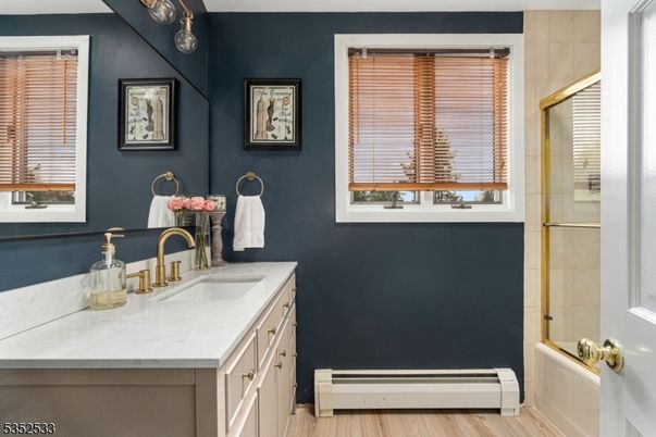 Bathroom, Glass Shower, Interior, Wood Texture Flooring