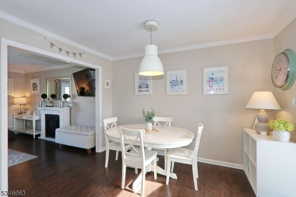 Dining room, Fireplace, Interior, Pendant Lights, Wood Texture Flooring