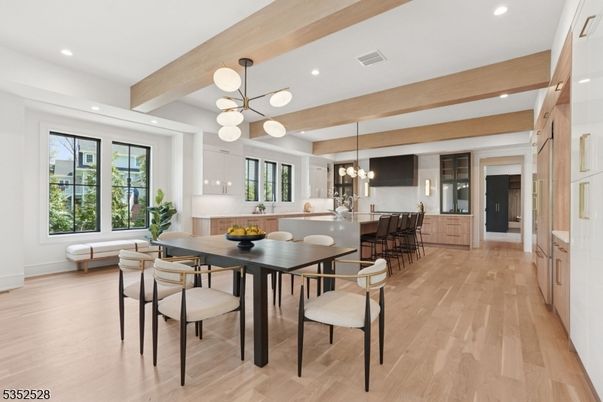 Dining room, Interior, Kitchen, Pendant Lights, Recessed Lighting, Wooden Beams, Wood Texture Flooring