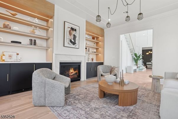 Fireplace, Interior, Living room, Pendant Lights, Wood Texture Flooring
