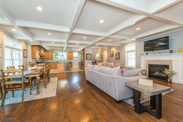 Dining room, Fireplace, Interior, Kitchen, Living room, Recessed Lighting, Wood Texture Flooring