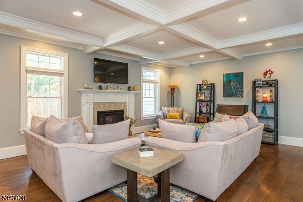 Fireplace, Interior, Living room, Recessed Lighting, Wood Texture Flooring