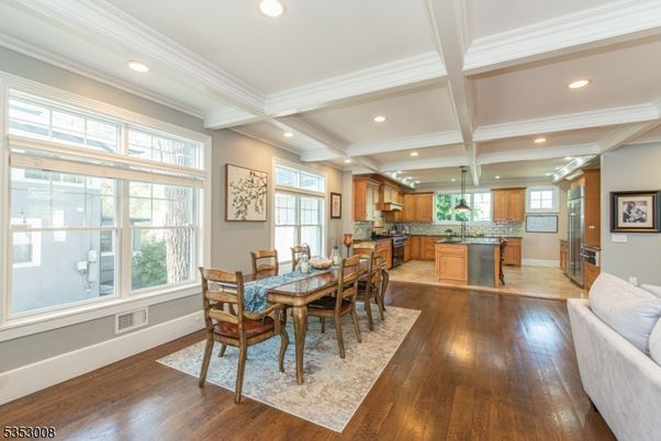 Dining room, Interior, Kitchen, Recessed Lighting, Wood Texture Flooring