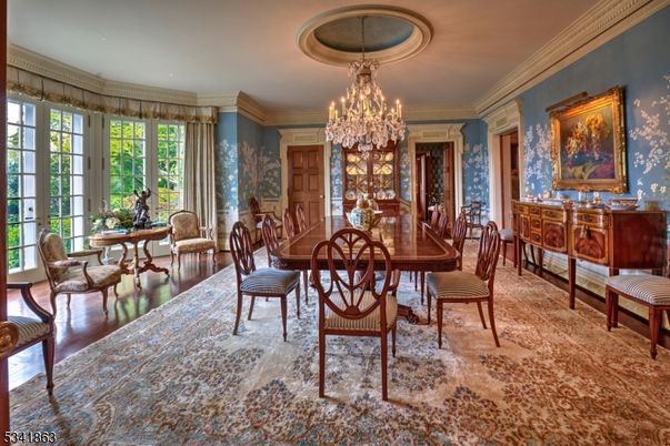 Chandelier, Dining room, Interior, Wood Texture Flooring
