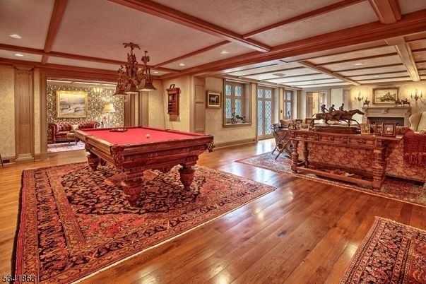 Billiard Table, Chandelier, Game Room, Interior, Recessed Lighting, Wooden Beams, Wood Texture Flooring