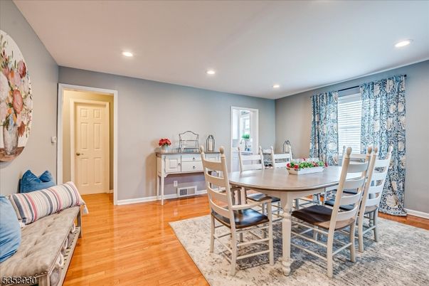 Dining room, Interior, Recessed Lighting, Wood Texture Flooring