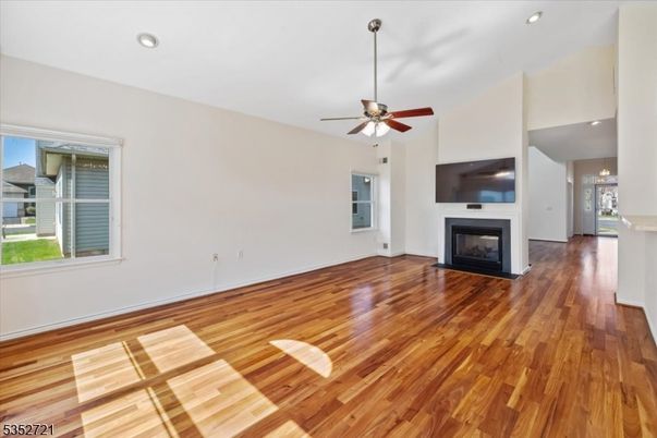 Empty room, Fireplace, Interior, Recessed Lighting, Wood Texture Flooring