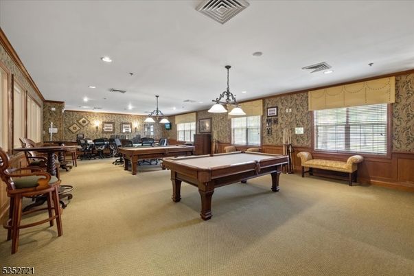 Billiard Table, Dining room, Game Room, Interior, Pendant Lights, Recessed Lighting, Stone Walls