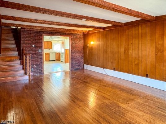 Empty room, Fireplace, Interior, Stone Walls, Wooden Beams, Wood Texture Flooring, Wooden Walls