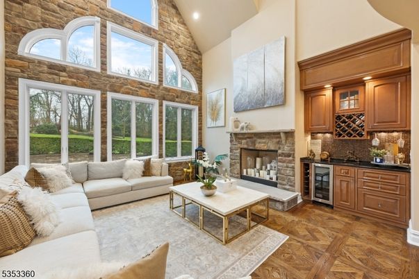Fireplace, Interior, Living room, Recessed Lighting, Stone Walls, Wood Texture Flooring