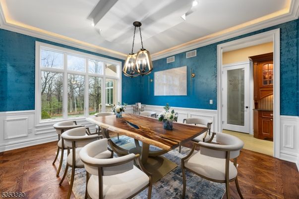 Chandelier, Dining room, Interior, Pendant Lights, Wood Texture Flooring
