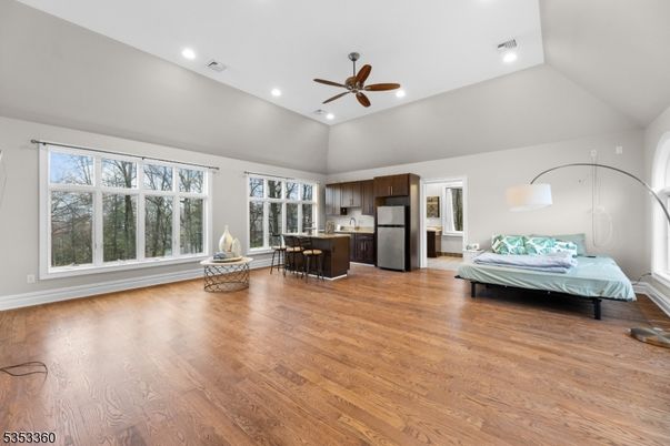 Dining room, Interior, Kitchen, Recessed Lighting, Stainless Steel Appliances, Wood Texture Flooring