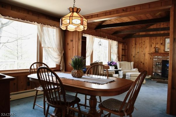Dining room, Fireplace, Interior, Pendant Lights, Wooden Beams, Wooden Ceilings, Wooden Walls