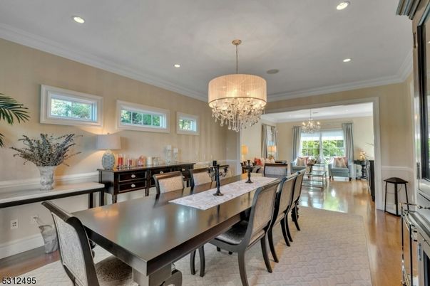 Chandelier, Dining room, Interior, Living room, Recessed Lighting, Wood Texture Flooring