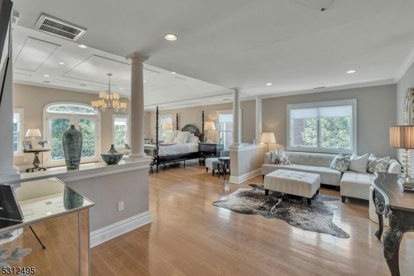 Bedroom, Chandelier, Interior, Recessed Lighting, Wood Texture Flooring