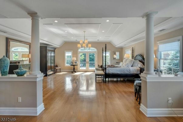 Bedroom, Chandelier, Interior, Recessed Lighting, Wood Texture Flooring
