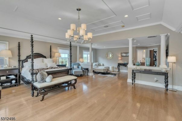 Bedroom, Chandelier, Interior, Recessed Lighting, Wood Texture Flooring