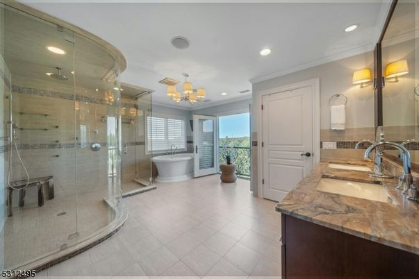 Bathroom, Chandelier, Dual Sink Vanities, Free Standing Baths, Glass Shower, Interior, Recessed Lighting
