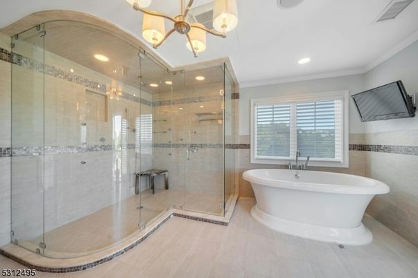 Bathroom, Free Standing Baths, Glass Shower, Interior, Recessed Lighting