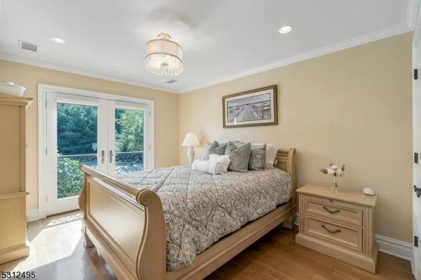 Bedroom, Chandelier, Interior, Recessed Lighting, Wood Texture Flooring