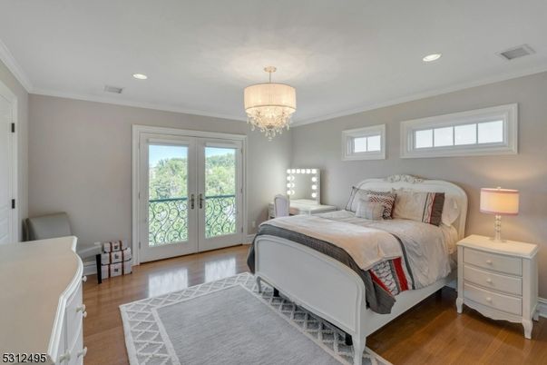 Bedroom, Chandelier, Interior, Recessed Lighting, Wood Texture Flooring