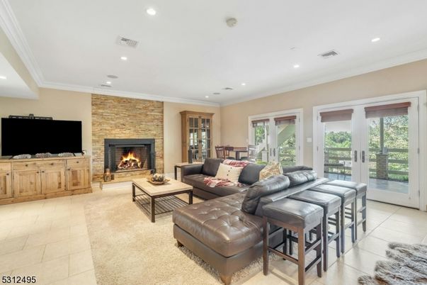 Fireplace, Interior, Living room, Recessed Lighting, Stone Walls