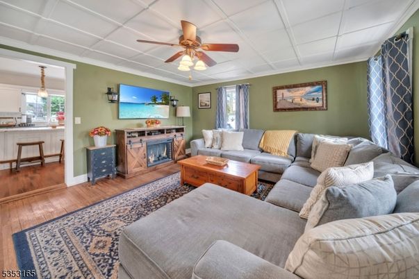 Fireplace, Interior, Living room, Pendant Lights, Wood Texture Flooring