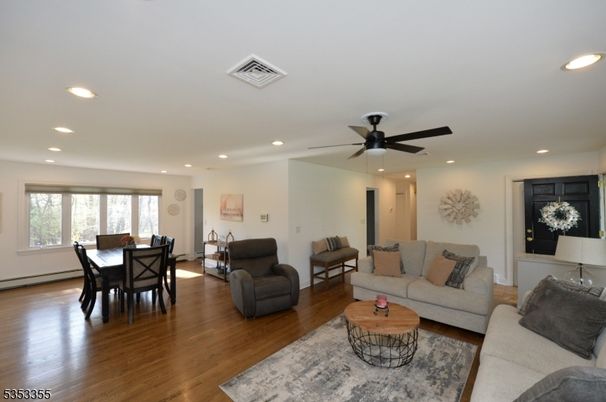 Dining room, Interior, Living room, Recessed Lighting, Wood Texture Flooring