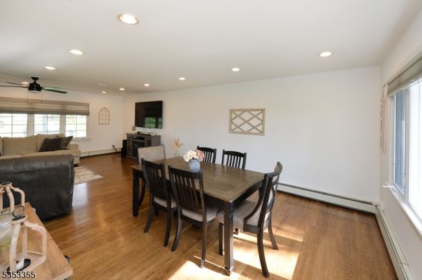 Dining room, Interior, Living room, Recessed Lighting, Wood Texture Flooring