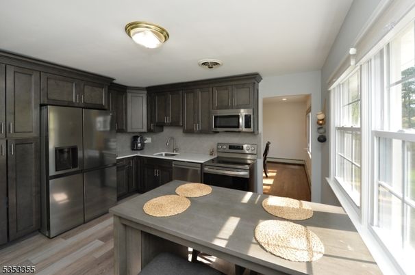 Dining room, Interior, Kitchen, Stainless Steel Appliances, Wood Texture Flooring