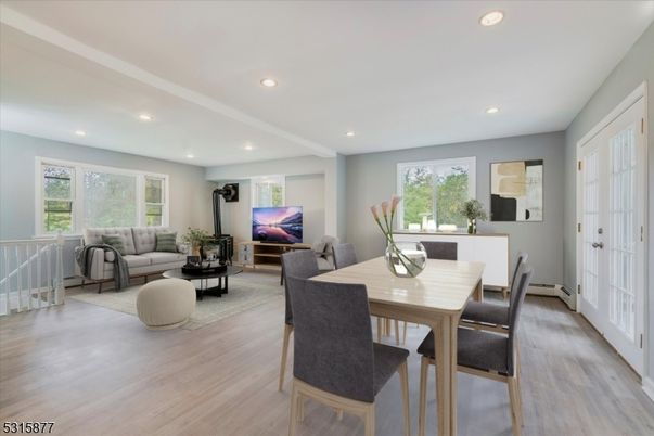 Dining room, Interior, Living room, Recessed Lighting, Wood Texture Flooring