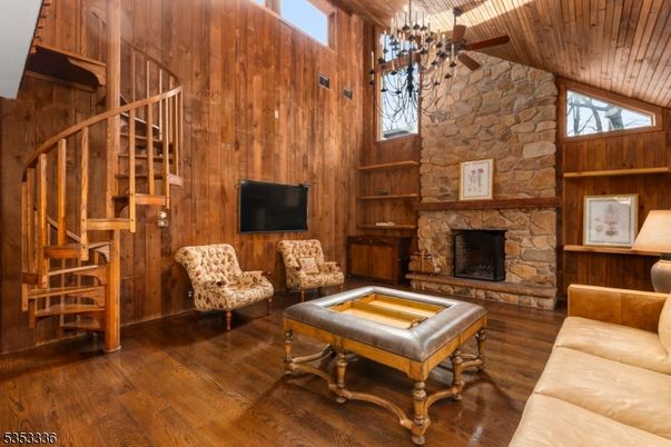 Chandelier, Fireplace, Interior, Living room, Stone Walls, Wooden Ceilings, Wood Texture Flooring, Wooden Walls