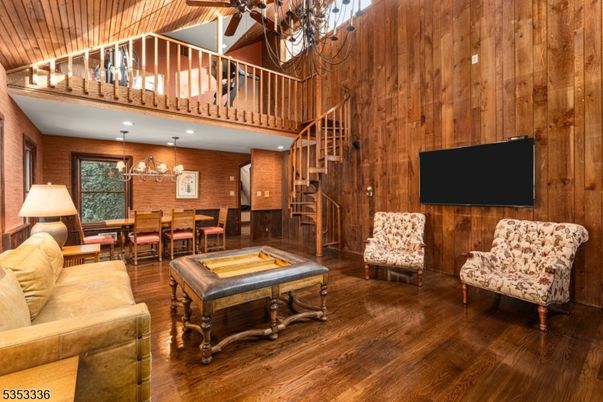 Chandelier, Dining room, Interior, Living room, Recessed Lighting, Wooden Ceilings, Wood Texture Flooring, Wooden Walls
